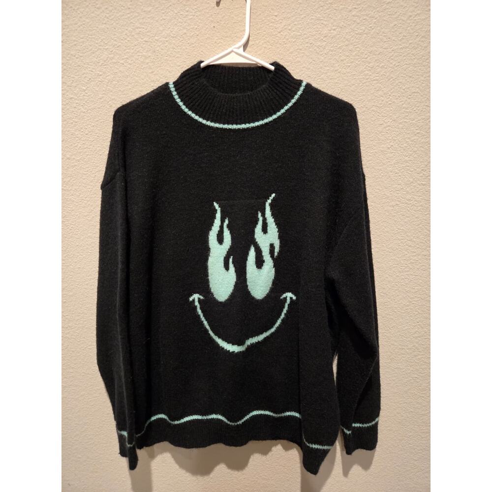 Adika Women's Oversized Smiley Face Slow Burn Sweater Blue Pullover Size M